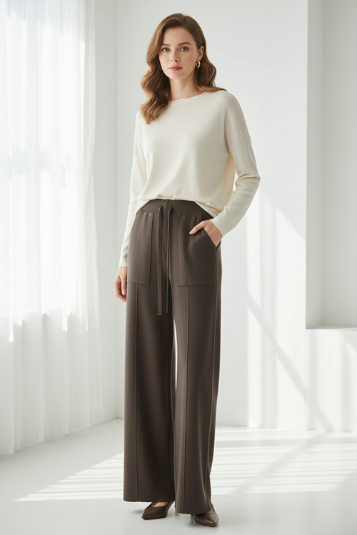 Soft Knit Wide-Leg Brown Pants