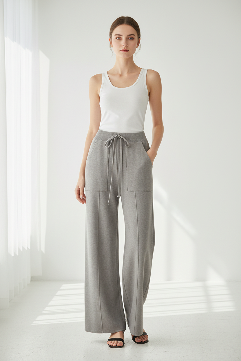 Soft Knit Wide-Leg Grey Pants